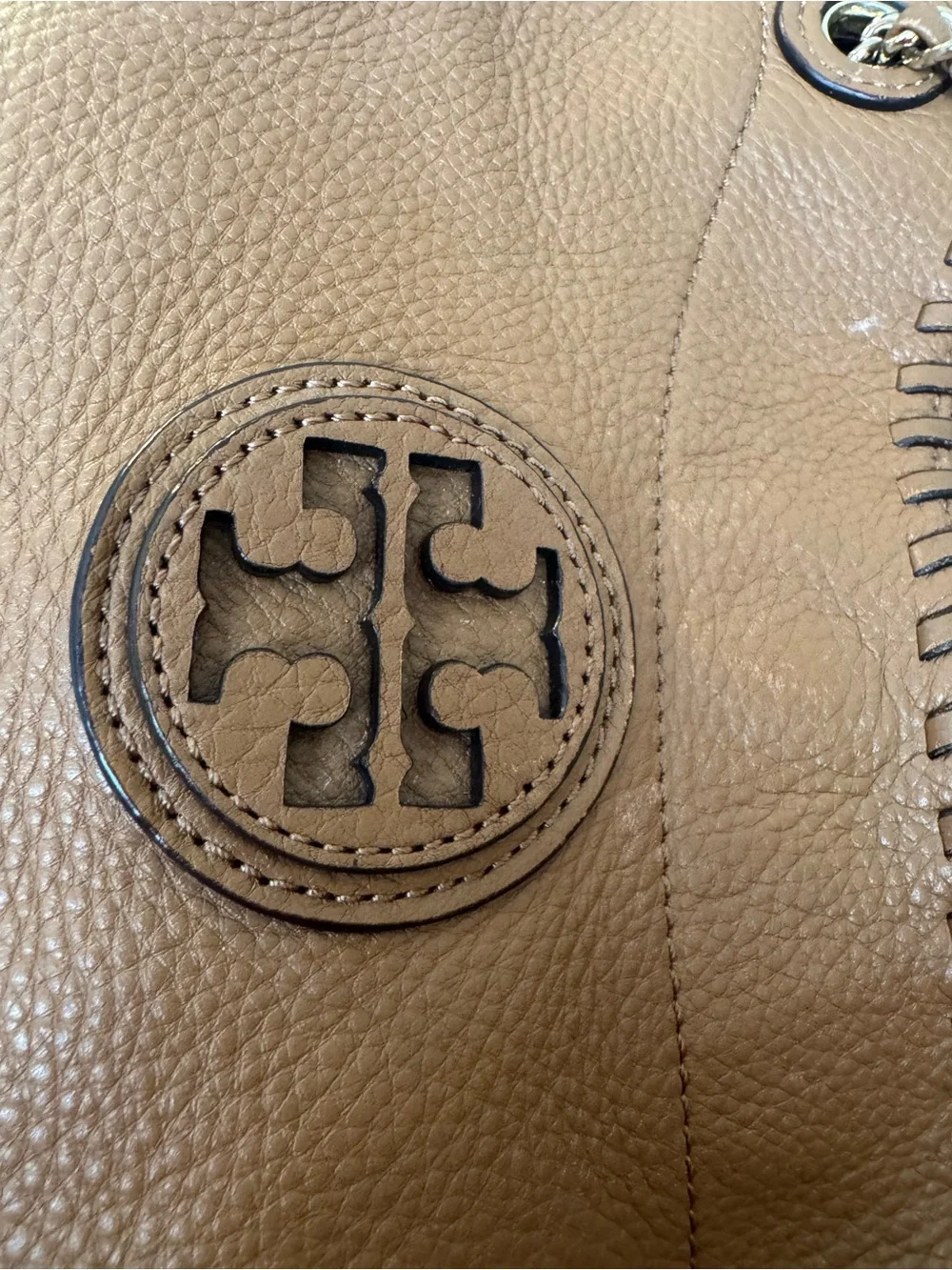 Tory Burch Tan Whipstitch Leather Shoulder Bag with Chain Straps